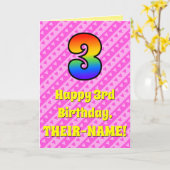 3e verjaardag: Roze strips & harten, regenboognr.  Kaart (Gele Bloem)