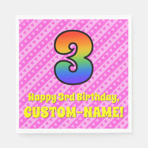 3e verjaardag: Roze strips & harten, regenboognr.  Servet