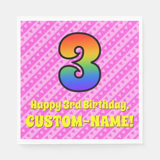 3e verjaardag: Roze strips & harten, regenboognr.  Servet (Voorkant)