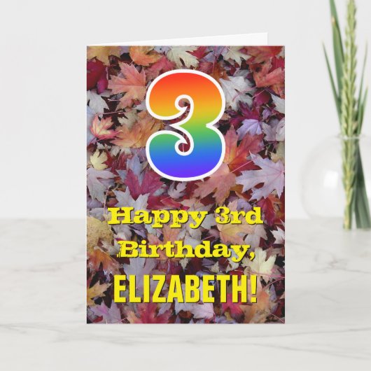 3e verjaardag; rustieke herfstbladeren; regenboog  kaart (Voorkant)