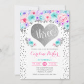 3e verjaardag - Silver Heart Blauwgroen Paarse Roz Kaart (Voorkant)