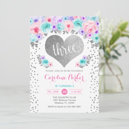 3e verjaardag - Silver Heart Blauwgroen Paarse Roz Kaart (Staand voorkant)