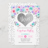 3e verjaardag - Silver Heart Blauwgroen Paarse Roz Kaart (Voorkant / Achterkant)