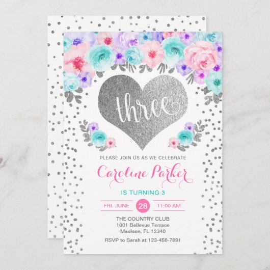 3e verjaardag - Silver Heart Blauwgroen Paarse Roz Kaart (Voorkant / Achterkant)