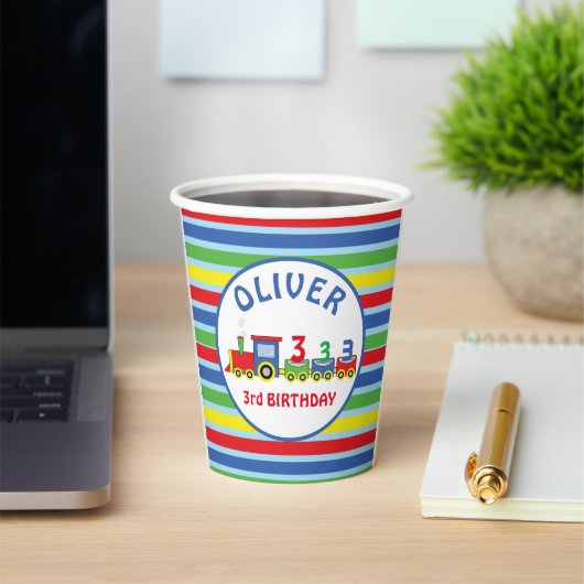 3e Verjaardag Trein Personaliseer Naam Papieren Bekers (Insitu)