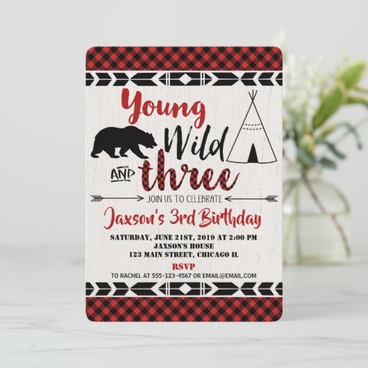 3e verjaardag uitnodiging Boy Wild Three beer (Staand voorkant)