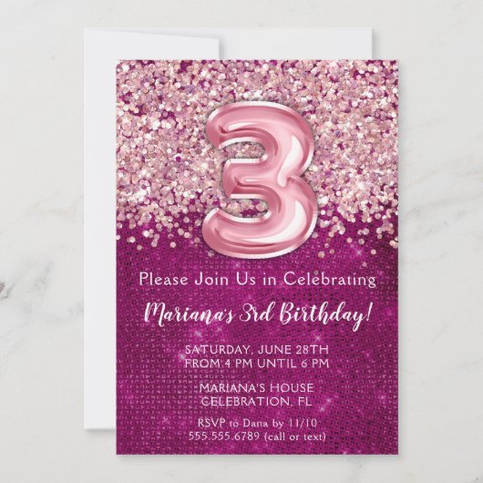 3e verjaardag Uitnodiging Meisje Magenta Roze Glit (Voorkant)