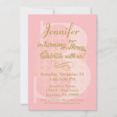 3e verjaardag Uitnodiging meisjes roze gouden hart (Voorkant)