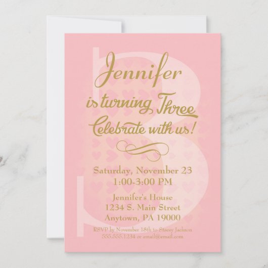 3e verjaardag Uitnodiging meisjes roze gouden hart (Voorkant)