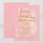 3e verjaardag Uitnodiging meisjes roze gouden hart (Voorkant / Achterkant)