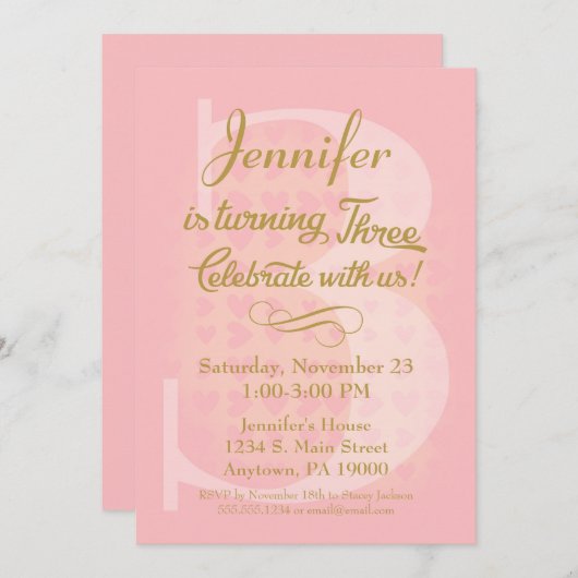 3e verjaardag Uitnodiging meisjes roze gouden hart (Voorkant / Achterkant)