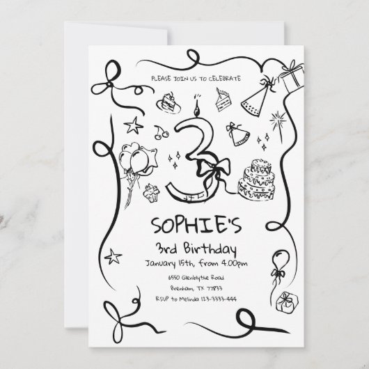 3e verjaardag uitnodiging, met de hand getekend 3e kaart (Voorkant)