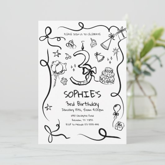 3e verjaardag uitnodiging, met de hand getekend 3e kaart (Staand voorkant)