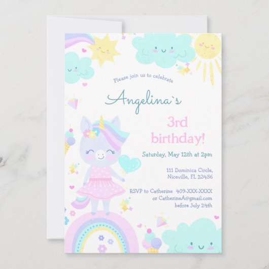 3e verjaardag uitnodiging met een grappige eenhoor (Voorkant)