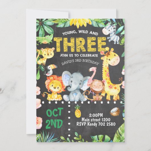 3e Verjaardag Uitnodiging Safari Animals Oerwoud Z (Voorkant)