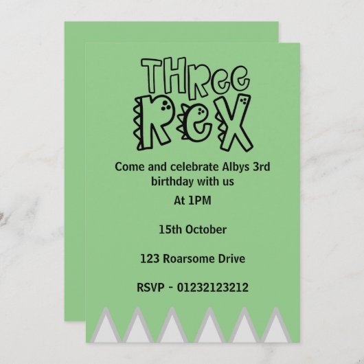 3e verjaardag uitnodiging - threerex dinosaur (Voorkant / Achterkant)