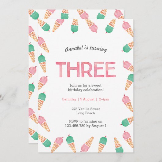 3e verjaardag | uitnodiging voor consumptie-ijs (Voorkant / Achterkant)