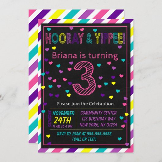 3e Verjaardag Uitnodiging voor een Meisjes Verjaar (Voorkant / Achterkant)