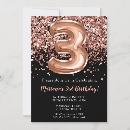 3e verjaardag Uitnodiging zwart Roos Gold Glitter (Voorkant)