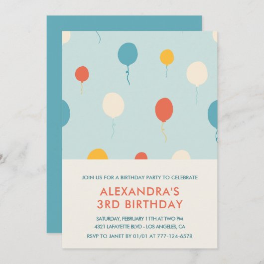 3e verjaardag uitnodigingen Ballonnen Modern (Voorkant / Achterkant)