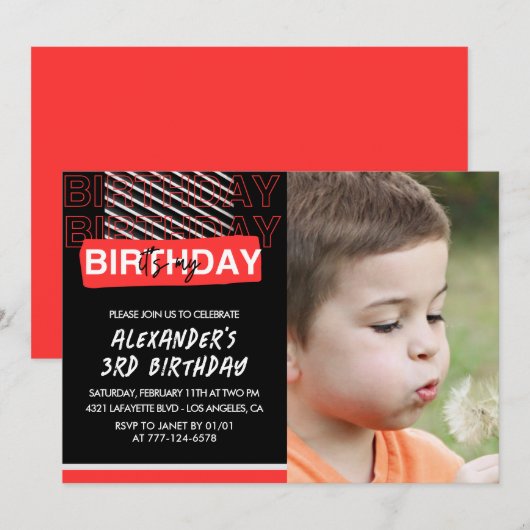 3e verjaardag uitnodigingen jongen Party Foto Rood (Voorkant / Achterkant)