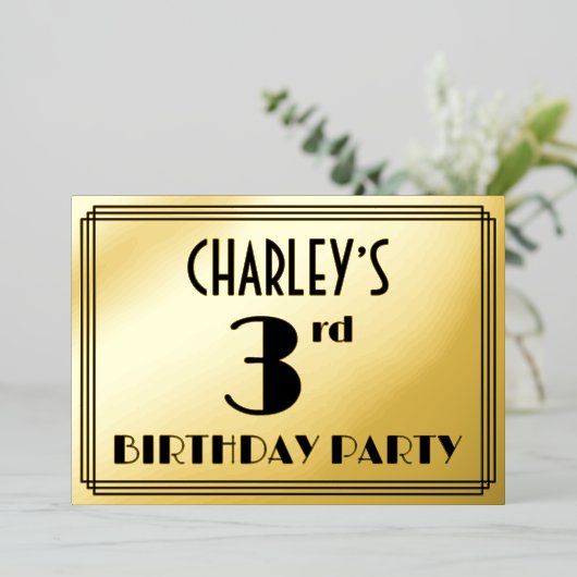 3e verjaardag van de Kunst Deco Kijk "3" + Naam Folie Uitnodiging (Staand Voorkant)