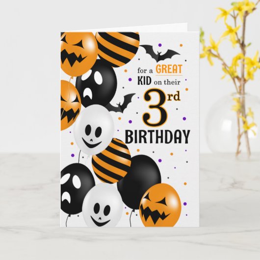 3e verjaardag van het kind op Halloween ballonnen Kaart (Gele Bloem)