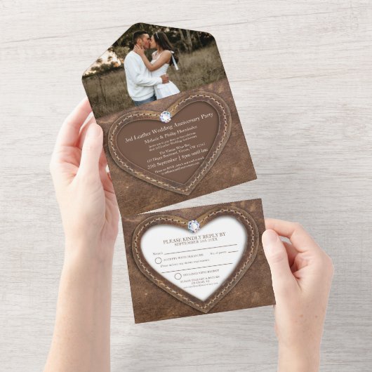 3e verjaardag van het lederen huwelijk op envelop  all in one uitnodiging (Afscheurbaar)