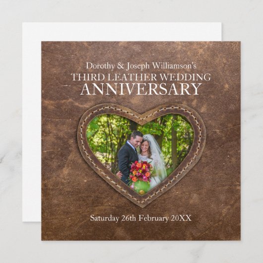 3e verjaardag van het lederhuwelijk bruin hart kaart (Voorkant / Achterkant)
