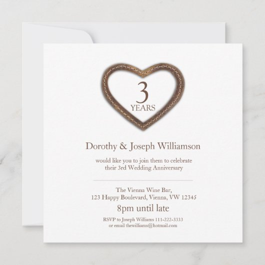 3e verjaardag van het lederhuwelijk bruin hart kaart (Achterkant)