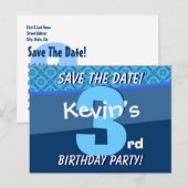 3e verjaardag voor jongen Save the Date Blue V07B Aankondigingskaart (Voorkant / Achterkant)