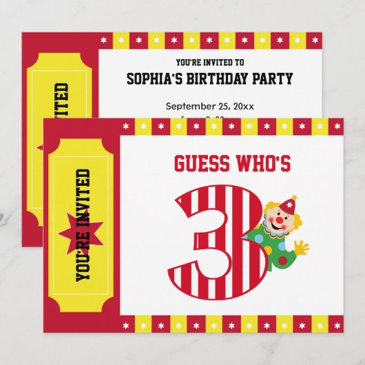 3e verjaardag Waving Circus Clown Uitnodiging (Voorkant / Achterkant)