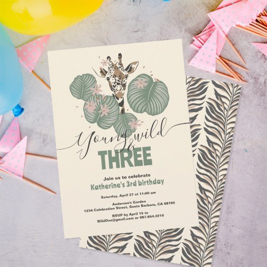 3e Verjaardag Wild Safari Giraffe Animal Party Kaart