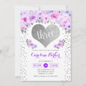 3e Verjaardag - Zilveren Hart Witte Paarse Bloemen Kaart (Voorkant)