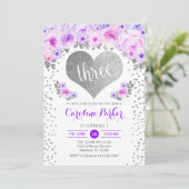 3e Verjaardag - Zilveren Hart Witte Paarse Bloemen Kaart (Staand voorkant)