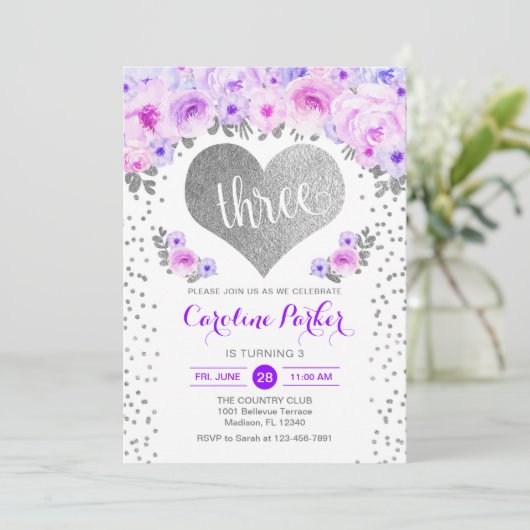 3e Verjaardag - Zilveren Hart Witte Paarse Bloemen Kaart (Staand voorkant)