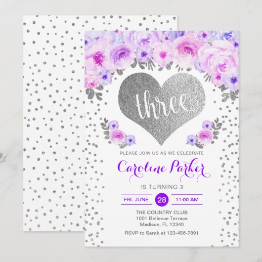 3e Verjaardag - Zilveren Hart Witte Paarse Bloemen Kaart (Voorkant / Achterkant)