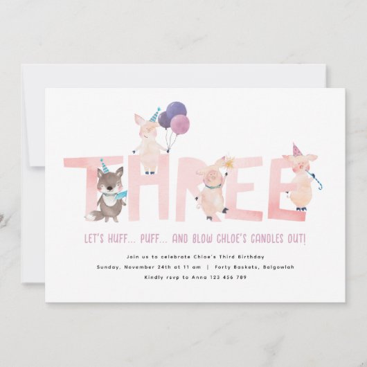 3e verjaardagsfeest, 3 kleine varkens grote boze w kaart (Voorkant)