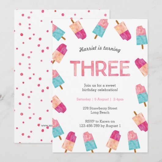 3e verjaardagsfeest | Popsicle Ice Cream uitnodigi Kaart (Voorkant / Achterkant)