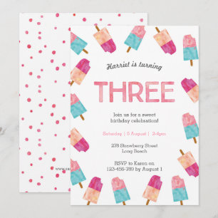 3e verjaardagsfeest   Popsicle Ice Cream uitnodigi Kaart