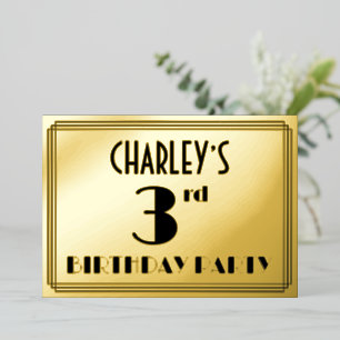 3e Verjaardagsfeestje — Art Deco Uiterlijk “3” + N Folie Uitnodiging