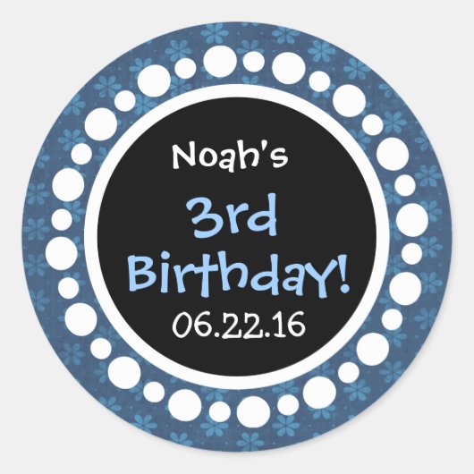 3e verjaardagsfeestje Blauwe bloemen en Polka stip Ronde Sticker (Voorkant)