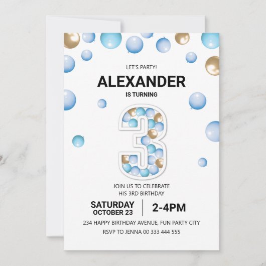 3e verjaardagsfeestje, blauwe en gouden ballon jon kaart (Voorkant)