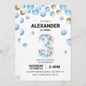 3e verjaardagsfeestje, blauwe en gouden ballon jon kaart (Voorkant / Achterkant)