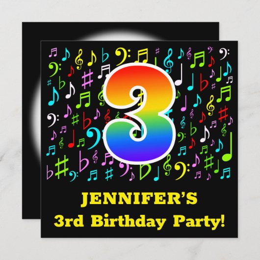 3e verjaardagsfeestje: Leuke muzieksymbolen, Rainb Kaart (Voorkant / Achterkant)