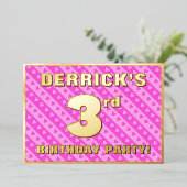 3e verjaardagsfeestje — Leuke roze harten en strep Folie Uitnodiging (Staand Voorkant)