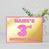 3e verjaardagsfeestje — Opvallend, leuk, roze stre Folie Uitnodiging (Staand Voorkant)