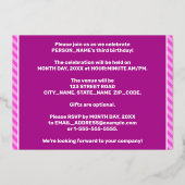 3e verjaardagsfeestje — Opvallend, leuk, roze stre Folie Uitnodiging (Achterkant)