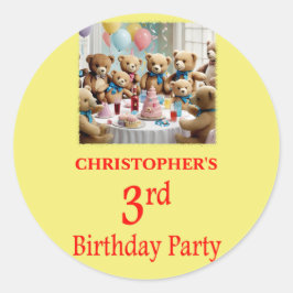 3e verjaardagsfeestje Teddy Bears Party Ronde Sticker