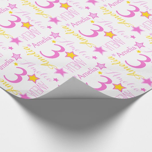 3e verjaardagsster aangepaste naam geel roze wit cadeaupapier (Hoek)
